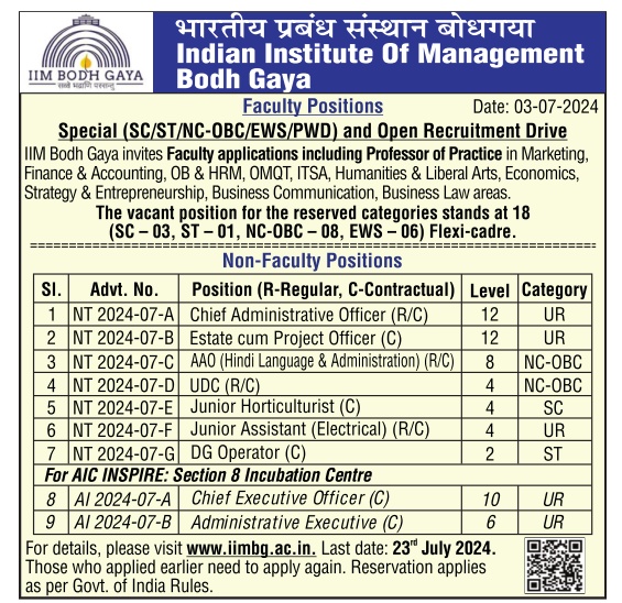 IIM Bodh Gaya Teaching & Non-Teaching Recruitment 2024