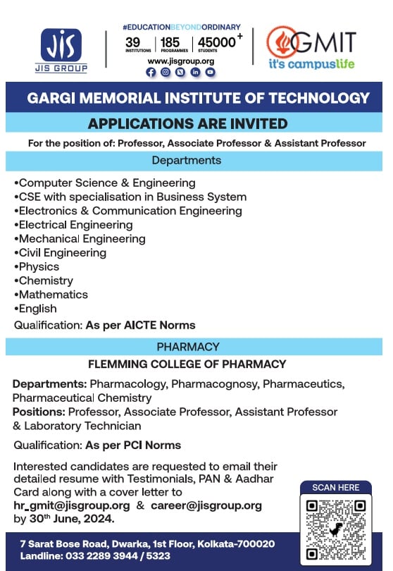 GMIT Kolkata Professor & Lab Technician Recruitment 2024