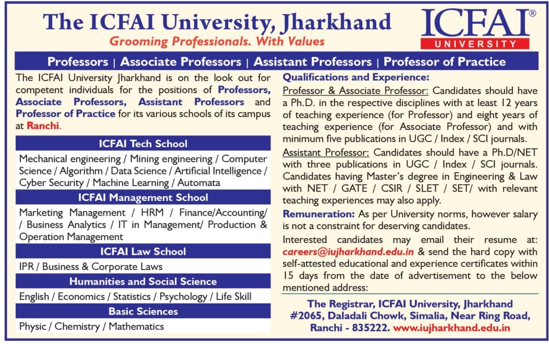 ICFAI Jharkhand Professor Recruitment 2024