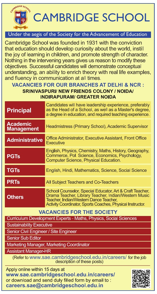 Cambridge School Delhi Teaching and Non Teaching Recruitment 2024