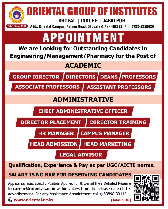 Oriental Group of Institutes, Bhopal Teaching & Non-Teaching Faculty Recruitment 2024