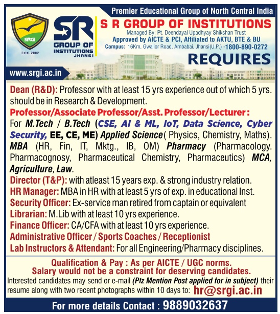 SR Group Of Institutions, Jhansi Teaching Non Teaching Faculty Recruitment 2024