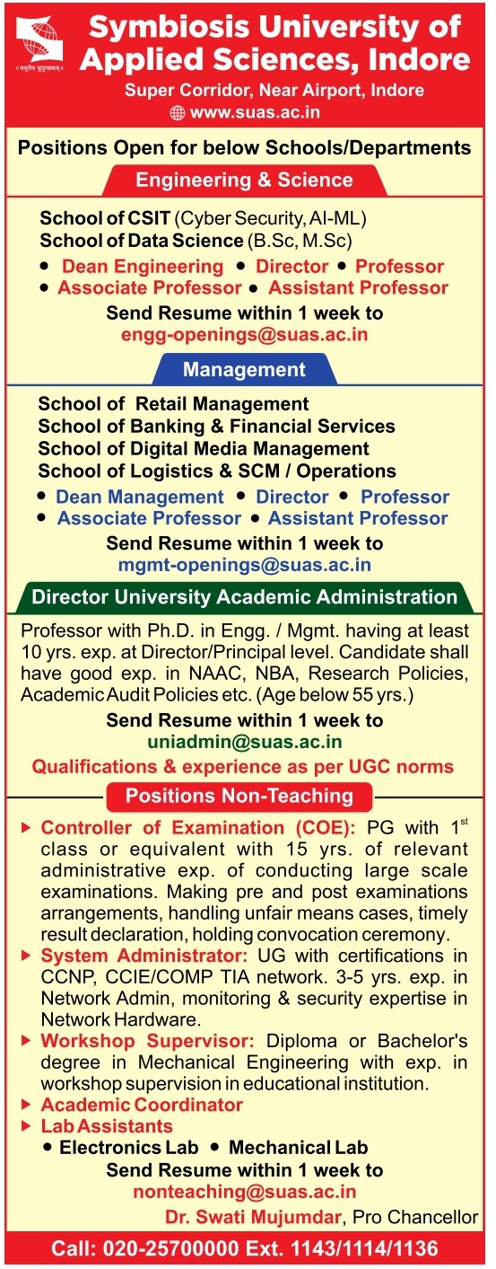 SUAS Indore Teaching & Non-Teaching Faculty Recruitment 2024