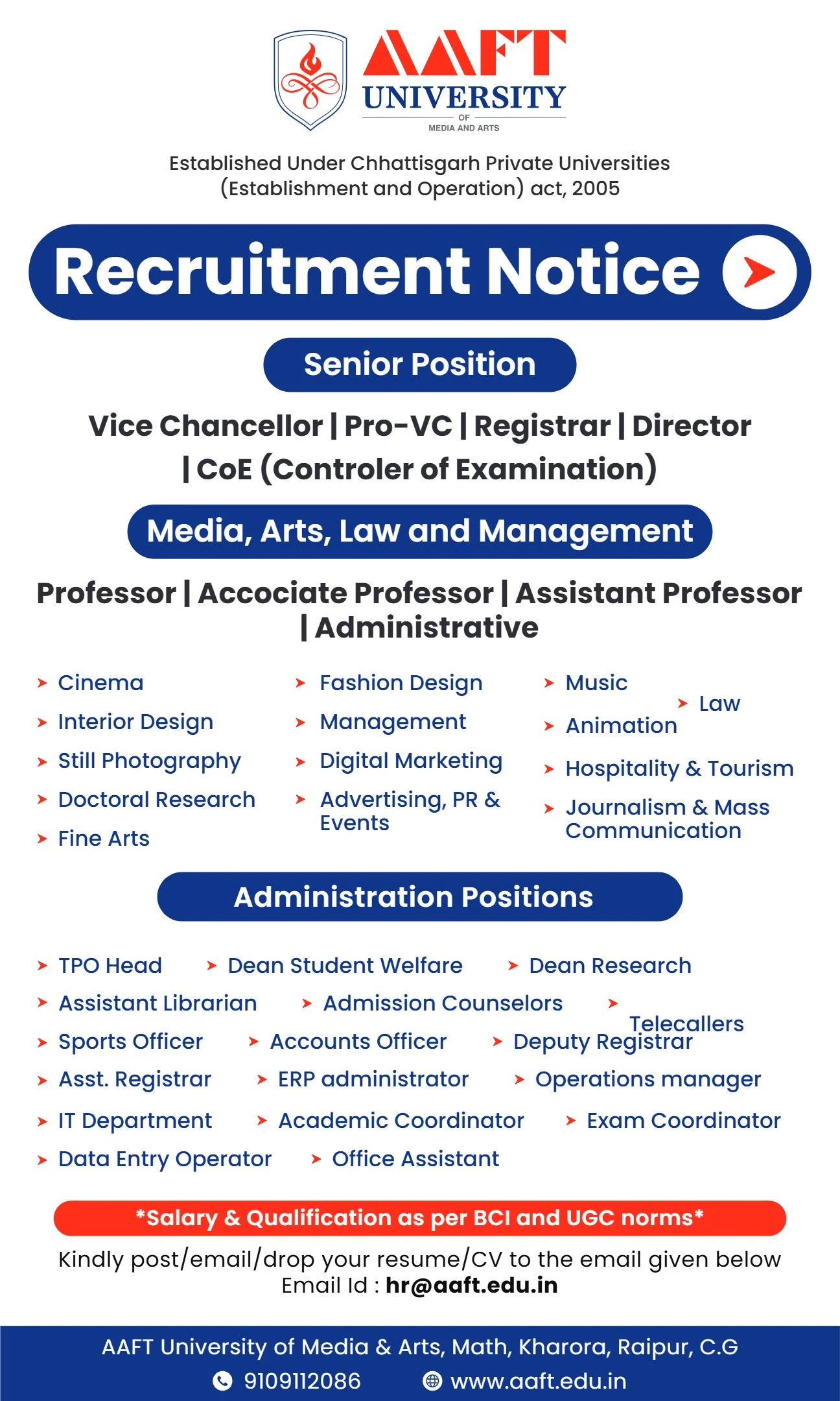 AAFT University of Media & Arts Teaching Non-Teaching Recruitment 2026
