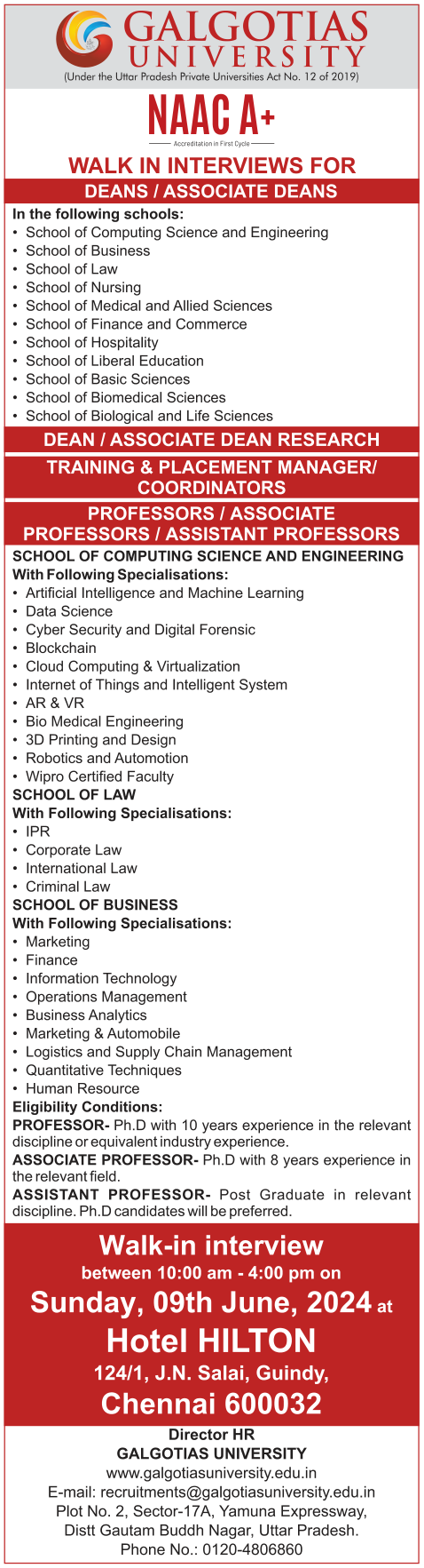 Galgotias University Faculty Walking Interview 2024