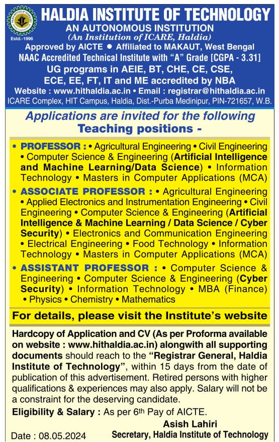 Haldia Institute Professor Recruitment 2024