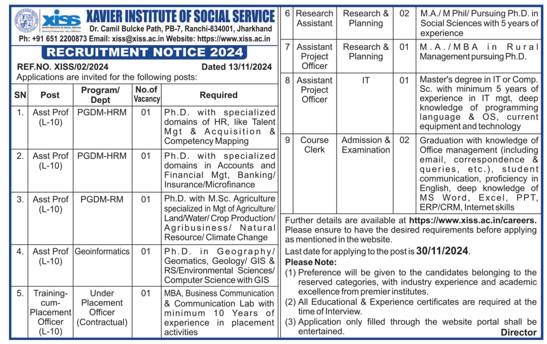 Xavier Ranchi Assistant Professor Recruitment 2024