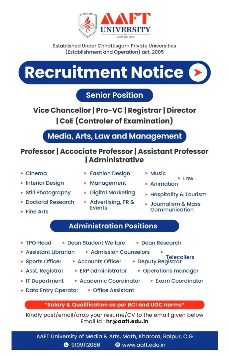AAFT University, Chhattisgarh, Teaching Non-Teaching Recruitment 2026