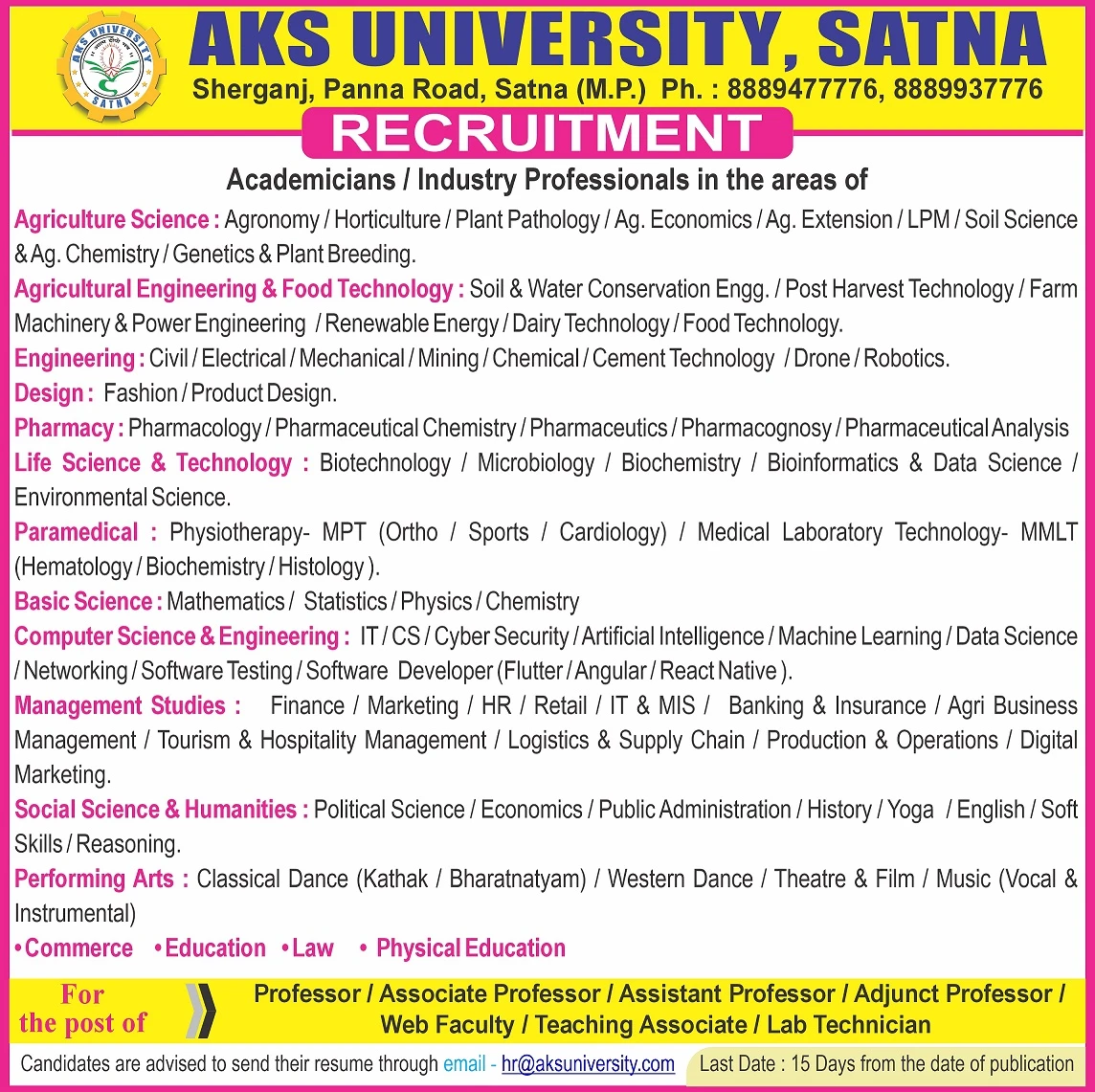 AKS University, MP Teaching Non-Teaching Recruitment 2026