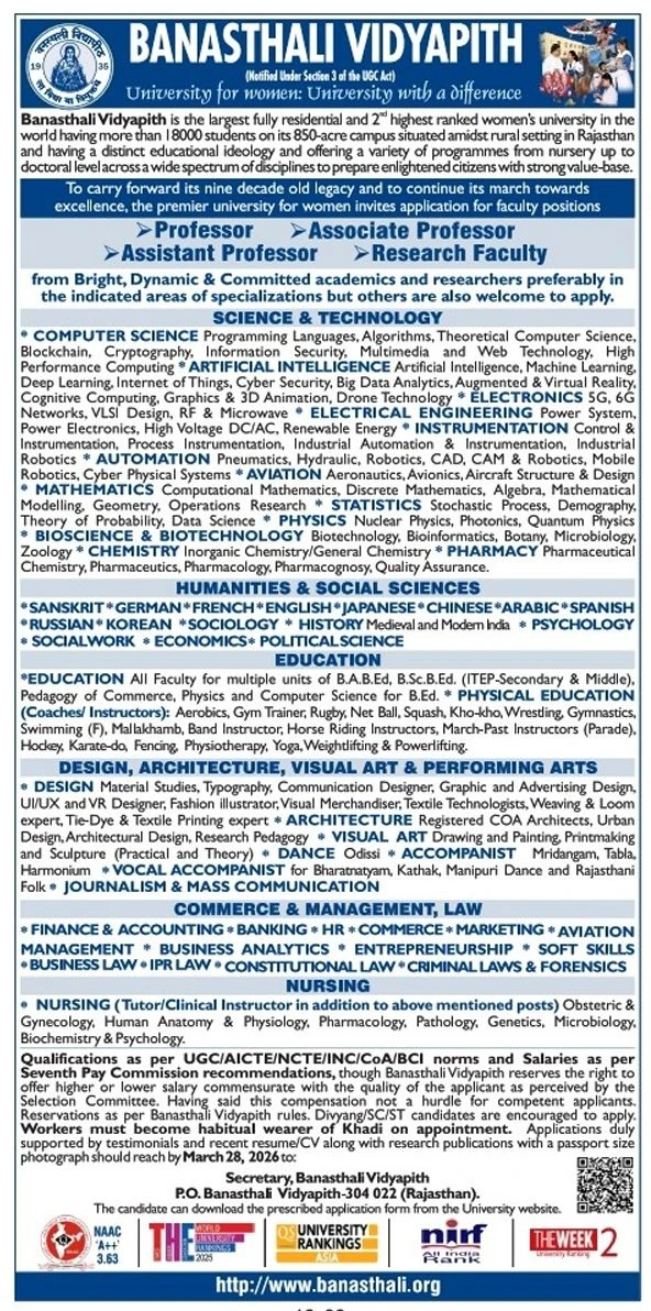 Banasthali Vidyapith Teaching Non-Teaching Recruitment 2026