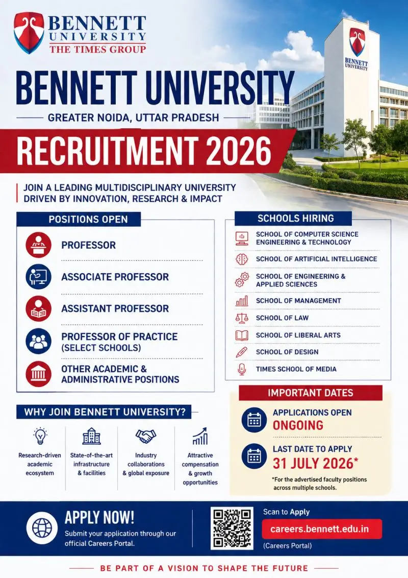 Bennett University, Greater Noida, UP, Teaching Recruitment 2026