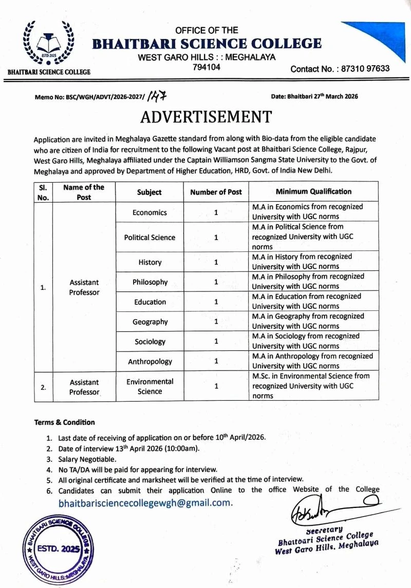 Bhaitbari Science College Meghalaya Teaching Positions Recruitment 2026)