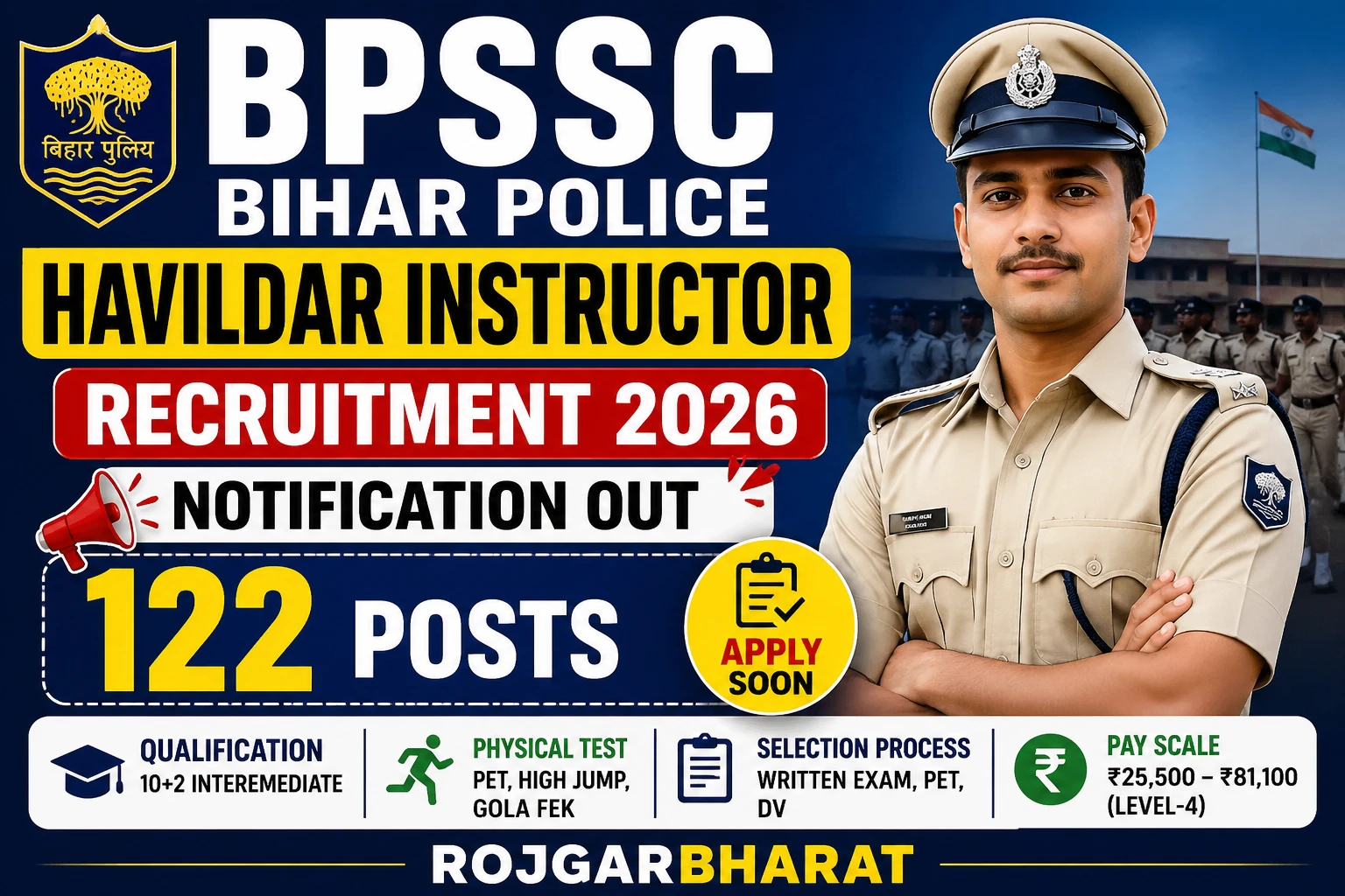 BPSSC Bihar Police Havildar Instructor Recruitment 2026 Notification Out: 122 Posts, Apply Online Now