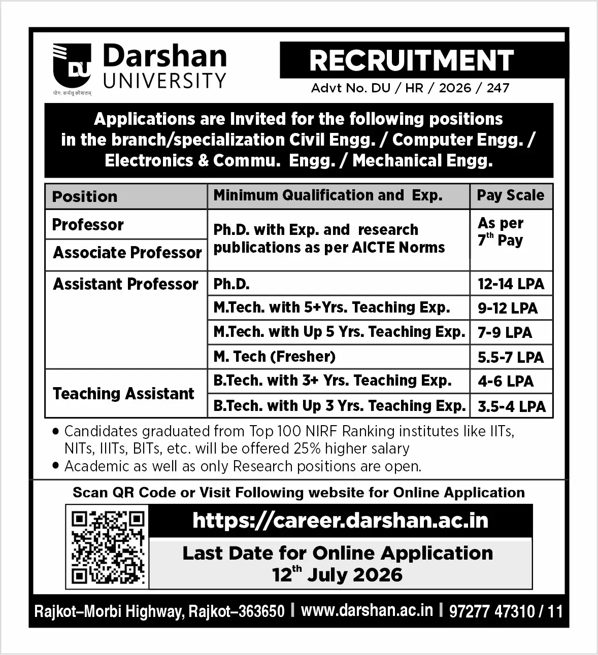 Darshan University, Rajkot, Teaching Non-Teaching Recruitment 2026