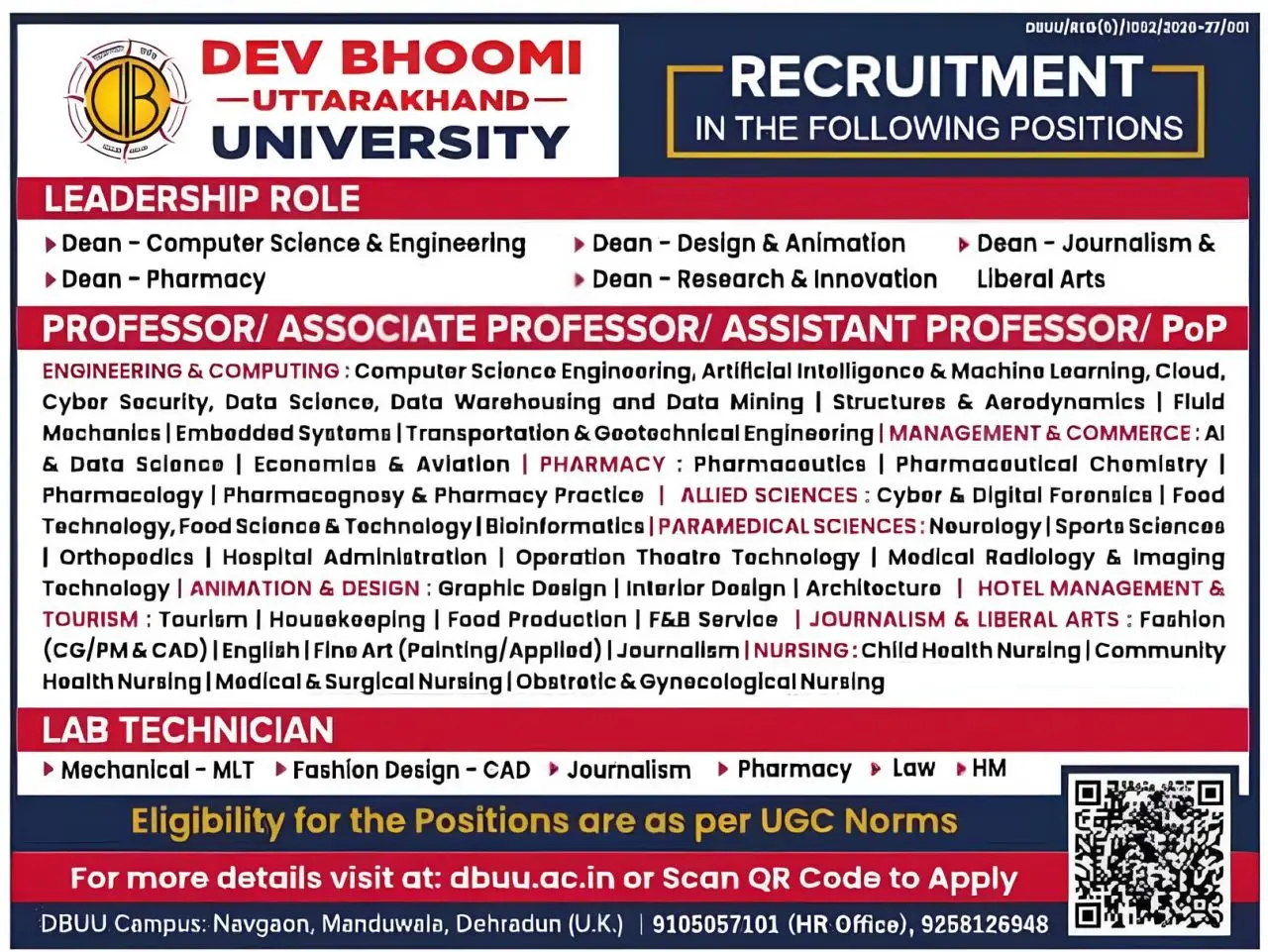 Dev Bhoomi Uttarakhand University (DBUU) Teaching Non-Teaching Recruitment 2026