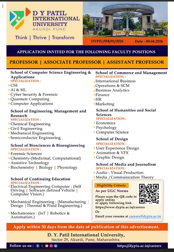 DYPIU Pune Faculty Positions Recruitment 2026 