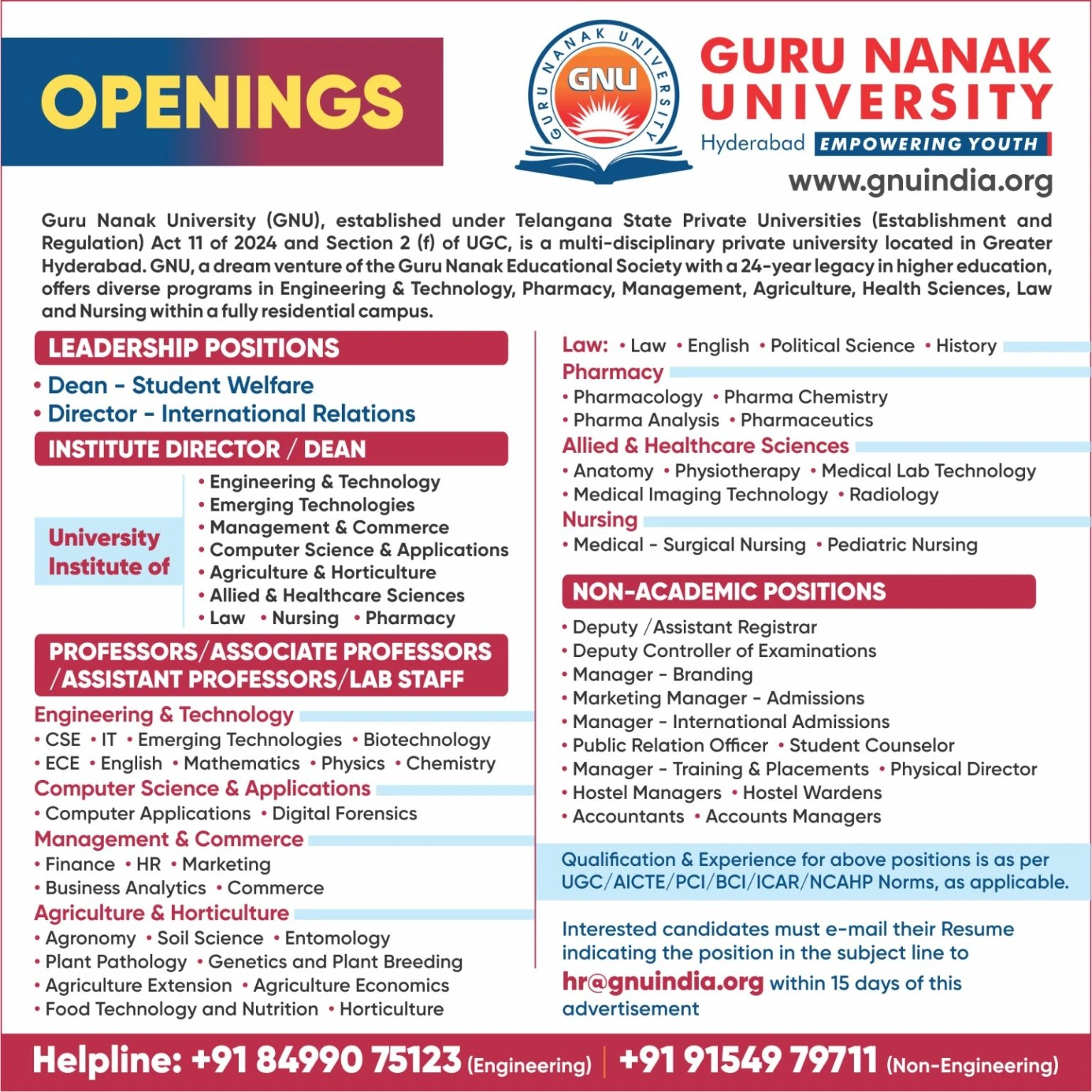 Guru Nanak University (GNU) Teaching Non-Teaching Recruitment 2026