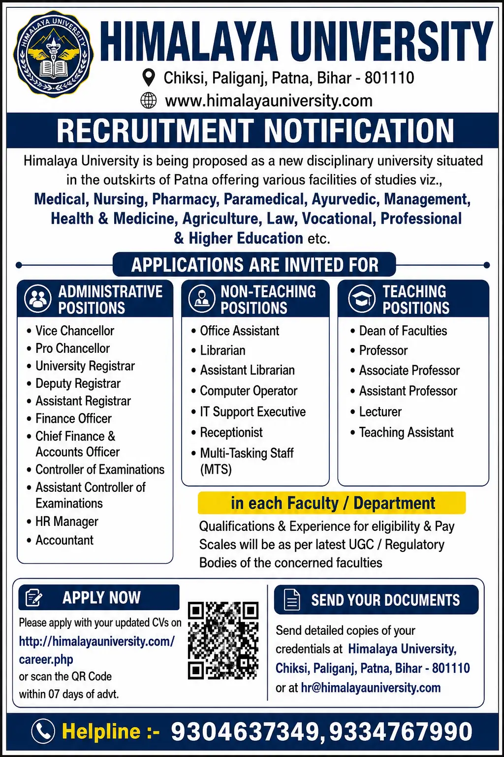 Himalaya University,Chiksi, Paliganj, Patna, Bihar, Teaching Non-Teaching Recruitment 2026