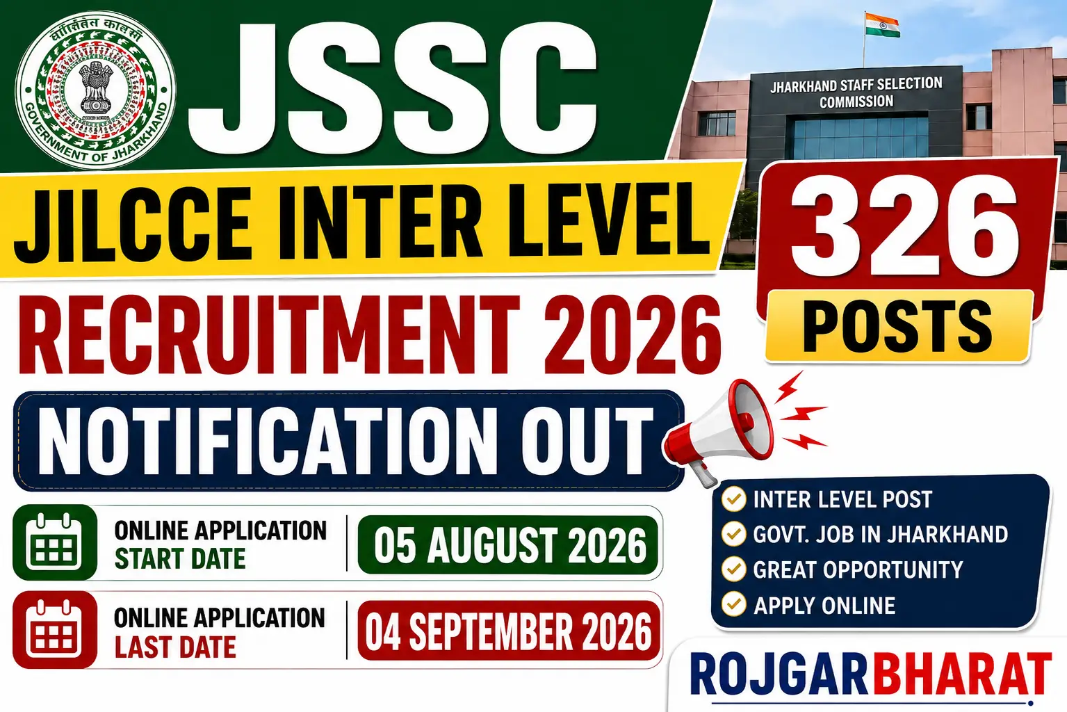 JSSC JILCCE Inter Level Recruitment 2026 Notification Out 326 Posts