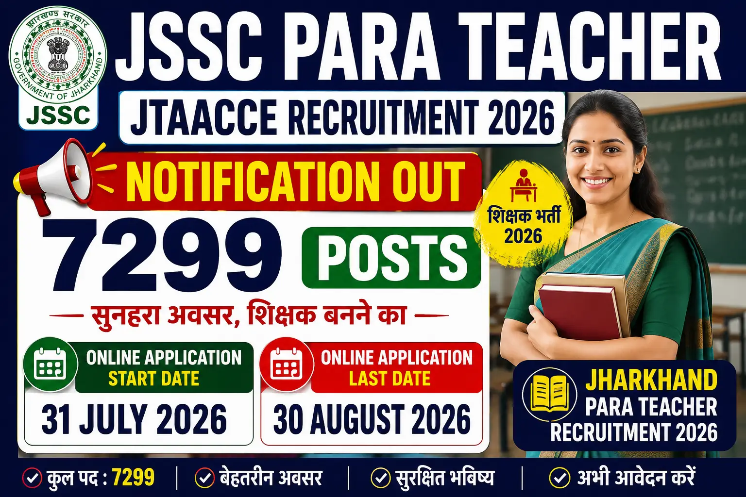 JSSC Para Teacher JTAACCE Recruitment 2026 Notification Out 7299 Posts
