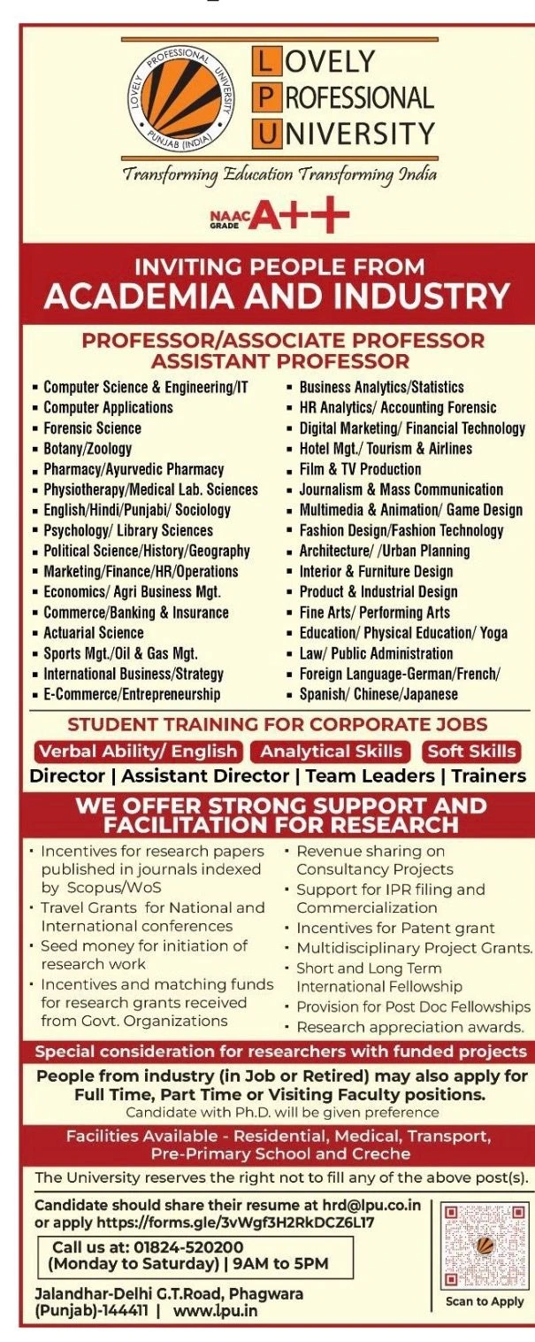 Lovely Professional University (LPU) Professor Recruitment 2026