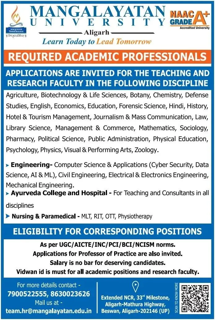 Mangalayatan University, Uttar Pradesh, Teaching Recruitment 2026