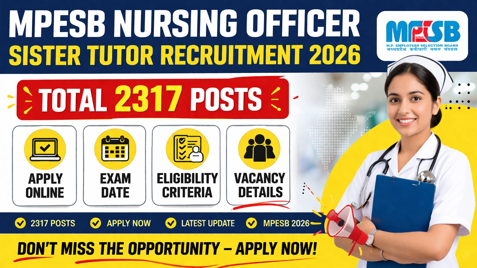 MPESB Nursing Officer, Sister Tutor Recruitment 2026 Notification Out for 2317  Posts