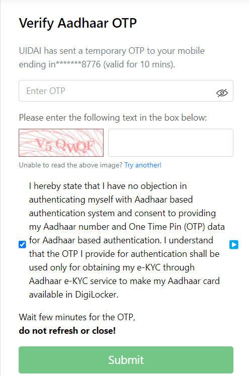 Enter Aadhaar Number OTP 