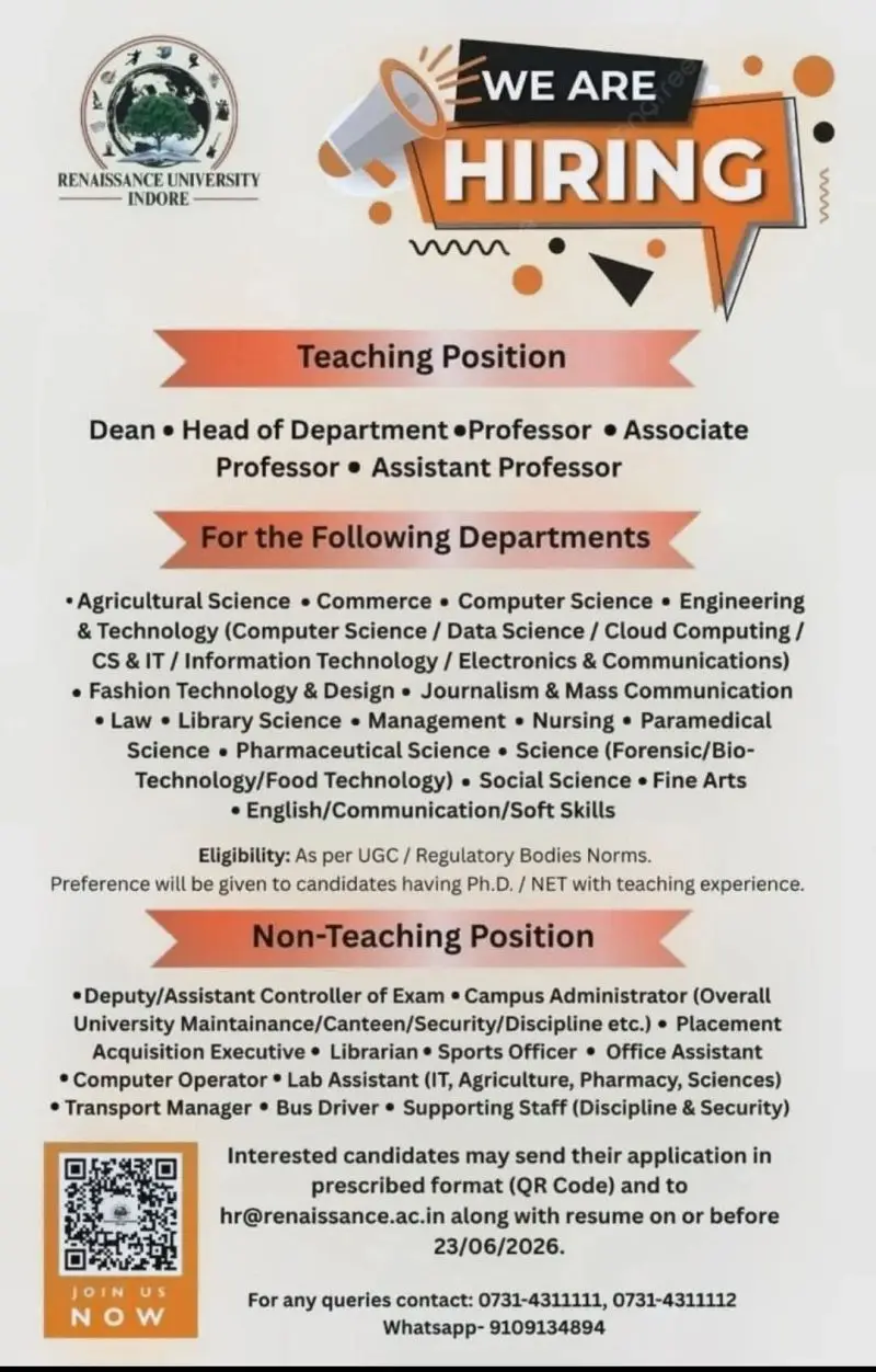 Renaissance University, Indore Teaching Non-Teaching Recruitment 2026