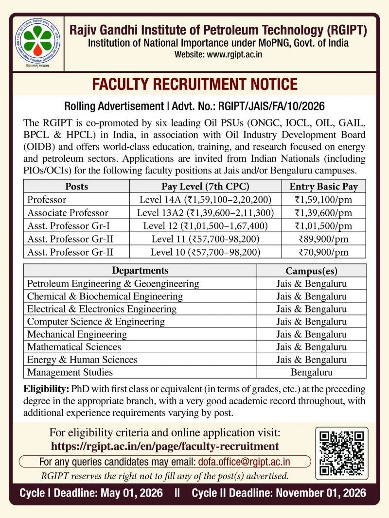 RGIPT Faculty Recruitment 2026 (Advt. No.: RGIPT/JAIS/FA/10/2026)