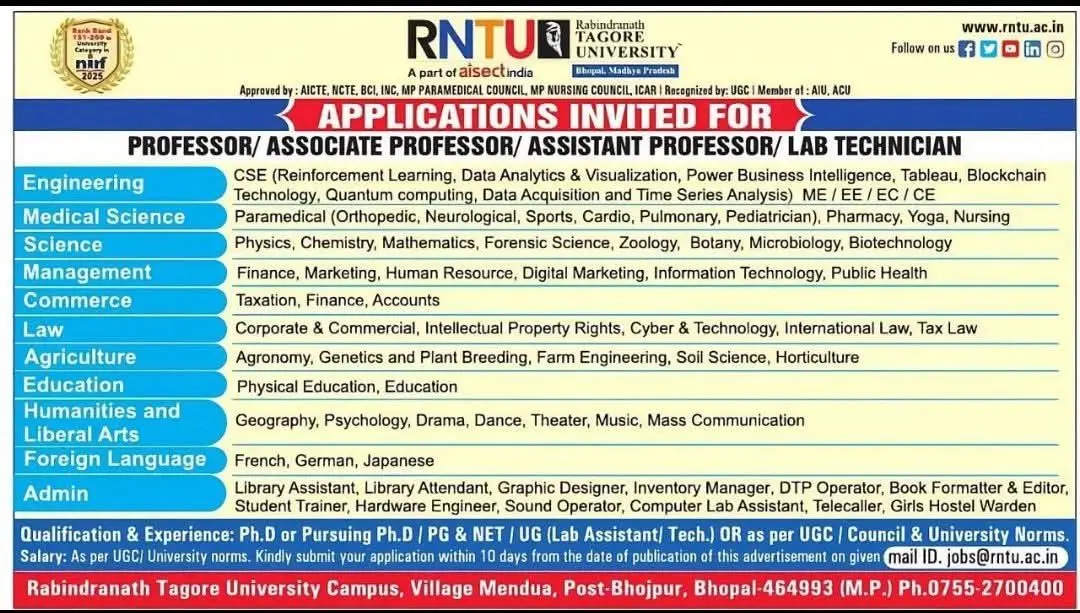 Rabindranath Tagore University(RNTU), Bhopal Teaching Non-Teaching Recruitment 2026