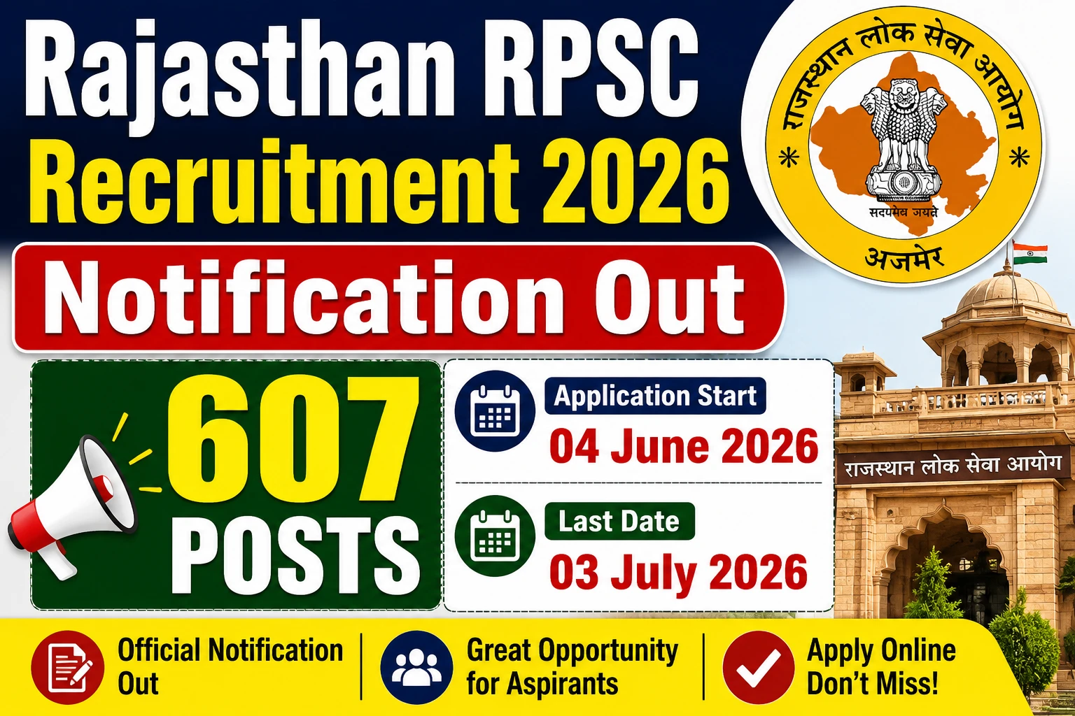 Rajasthan RPSC Recruitment 2026 Notification Out 607 Posts