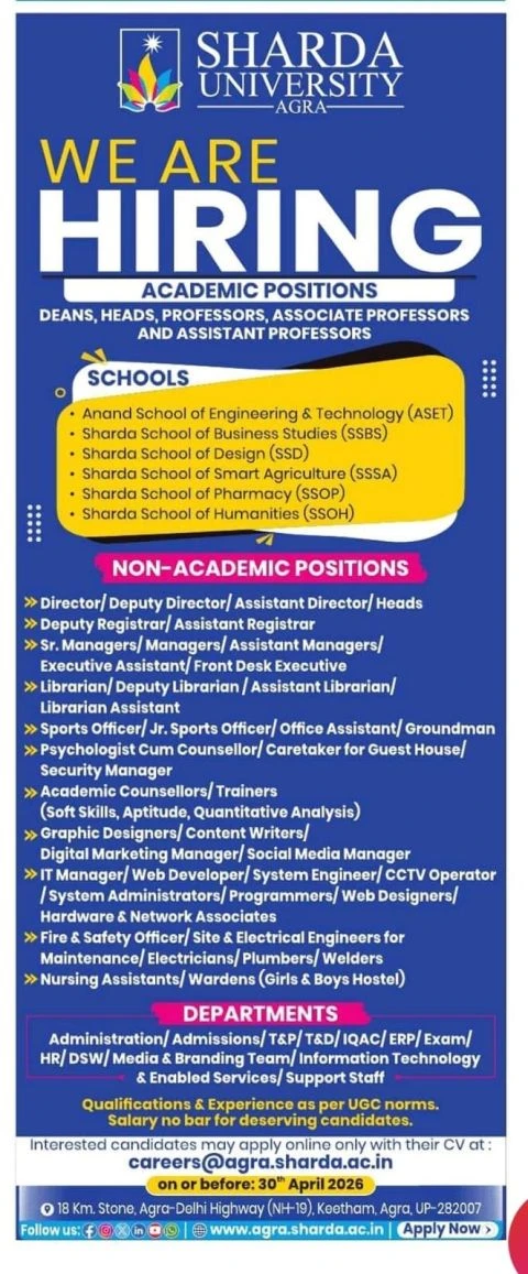 Sharda University Teaching Non-Teaching Recruitment 2026 Posts