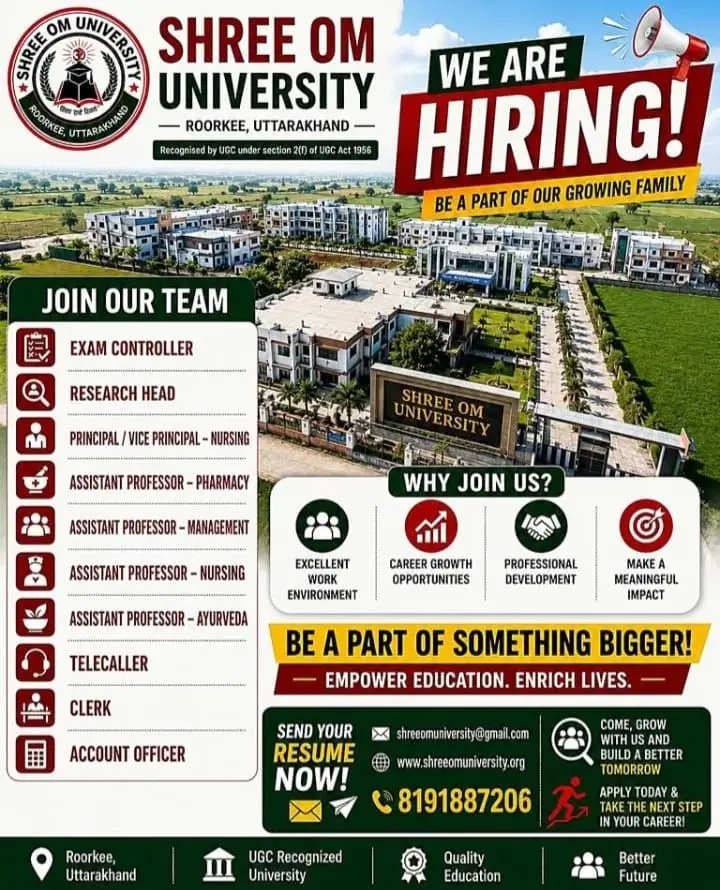 Shree Om University, Uttarakhand, Teaching Non-Teaching Recruitment 2026