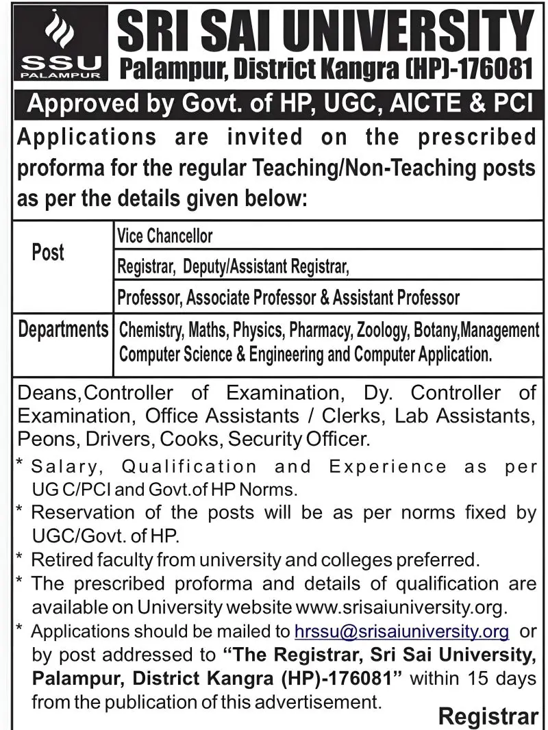Sri Sai University Palampur,, Teaching Non-Teaching Recruitment 2026