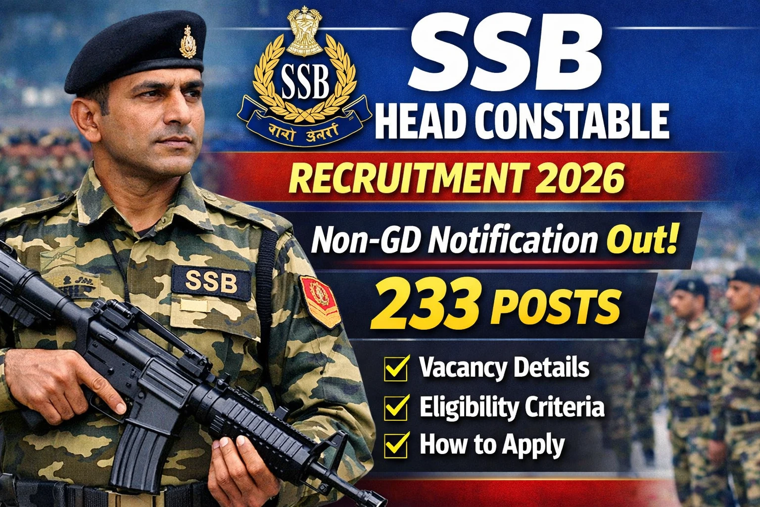 SSB Head Constable Non-GD Recruitment 2026 Notification Out for 233 Posts