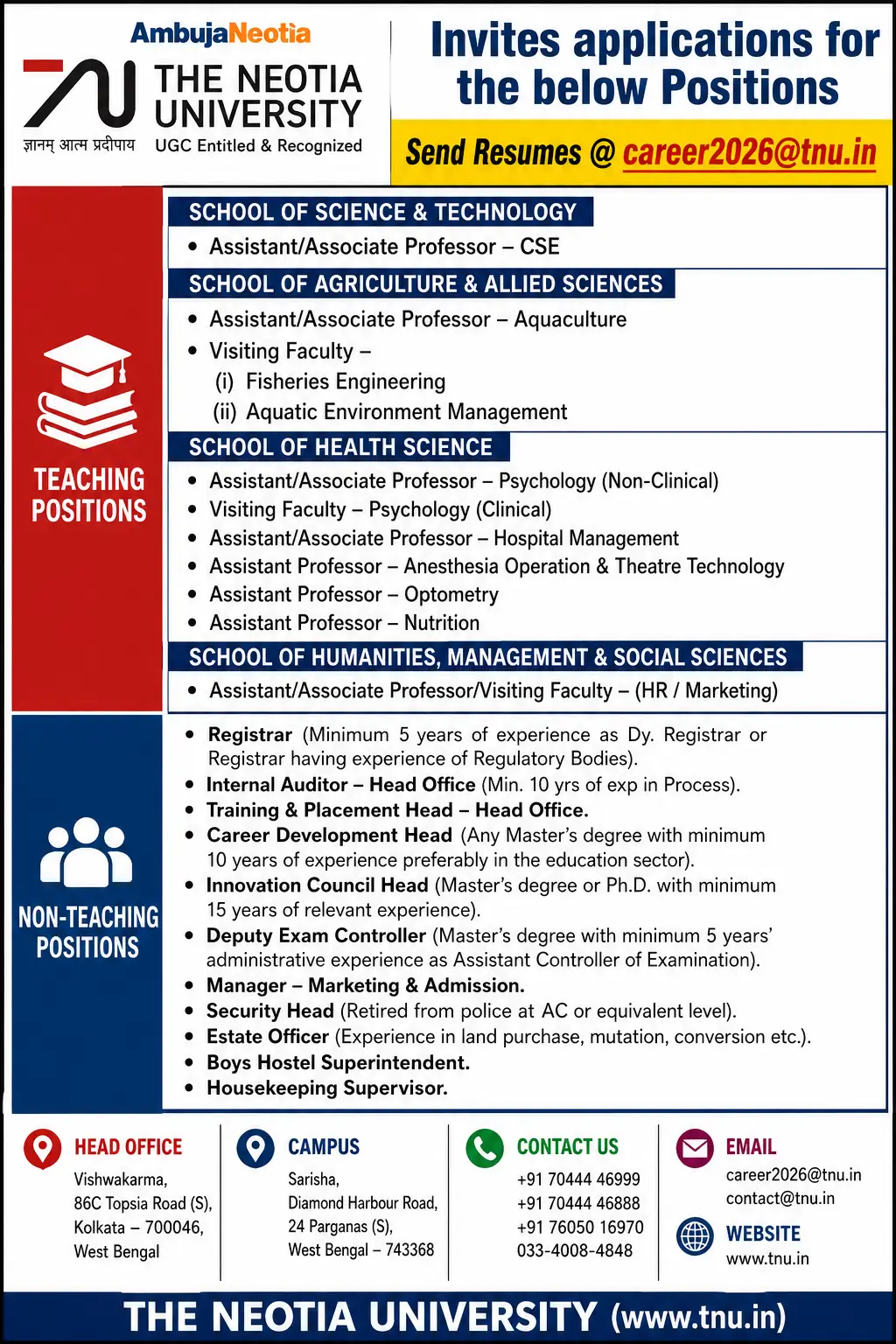 The Neotia University, West Bengal, Teaching Non-Teaching Recruitment 2026
