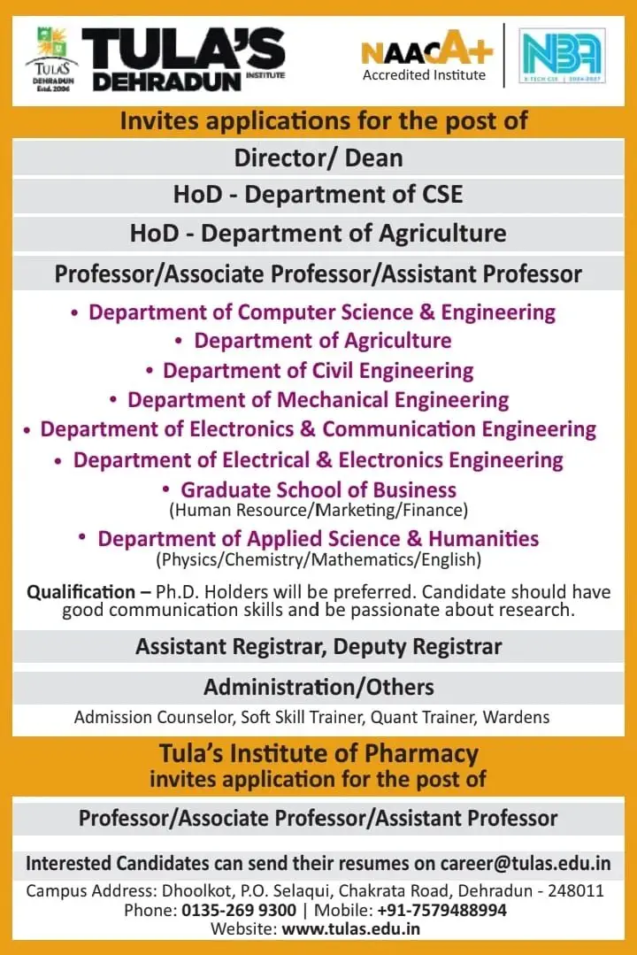 Tula's Institute, Uttarakhand Teaching Non-Teaching Recruitment 2026