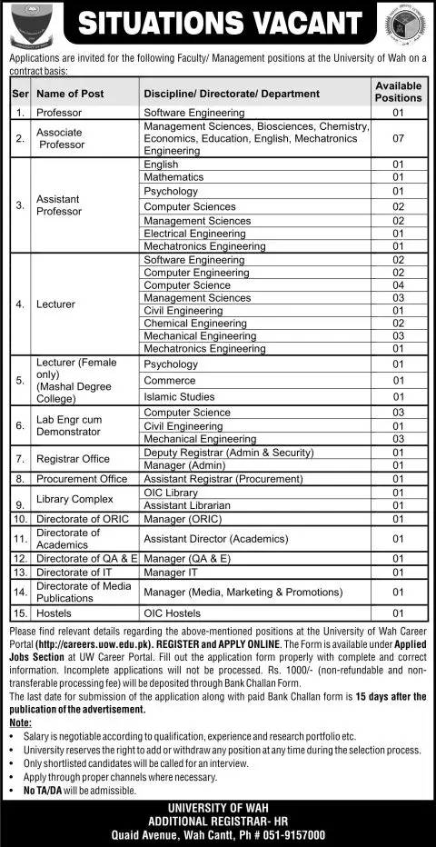 University of Wah, Wah Cantt, Teaching Non-Teaching Recruitment 2026