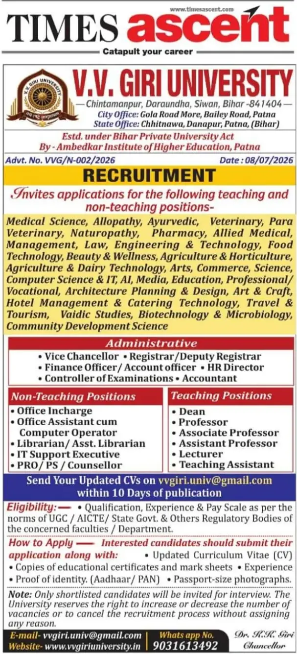 V.V. Giri University, Daraundha, Teaching Non-Teaching Recruitment 2026
